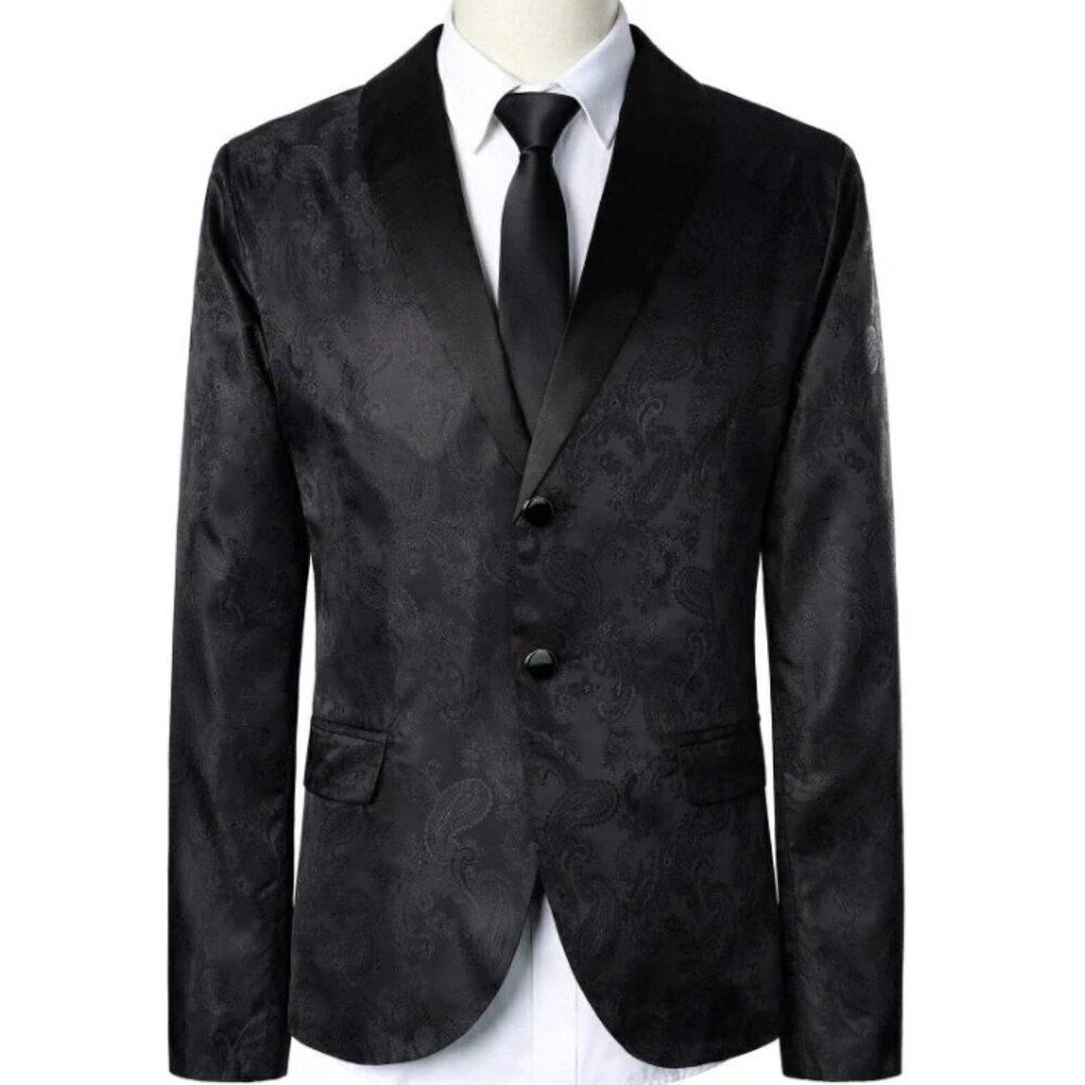 Shein Mens Blazer Jacket Black Jacquard Paisley Print Shawl Collar Sz S